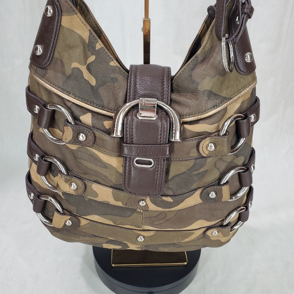 B. Makowsky Camo Brown Hobo Bag- 100% Leather Bag Edgy Stud Silver Hardware Fall - Picture 1 of 17